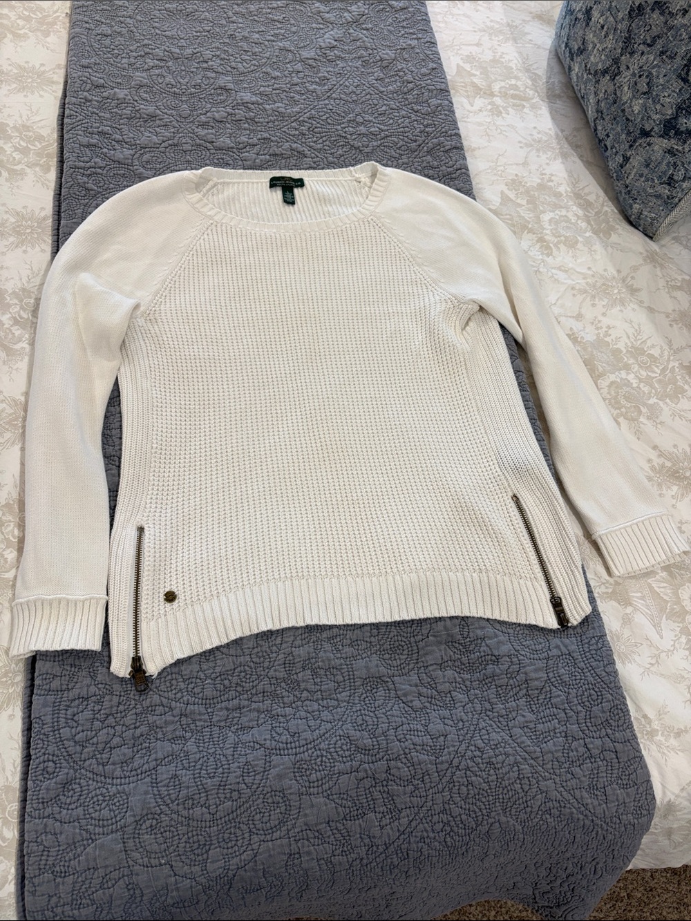 Lauren Ralph Lauren Cream Knit Zip-Hem Crewneck Sweater